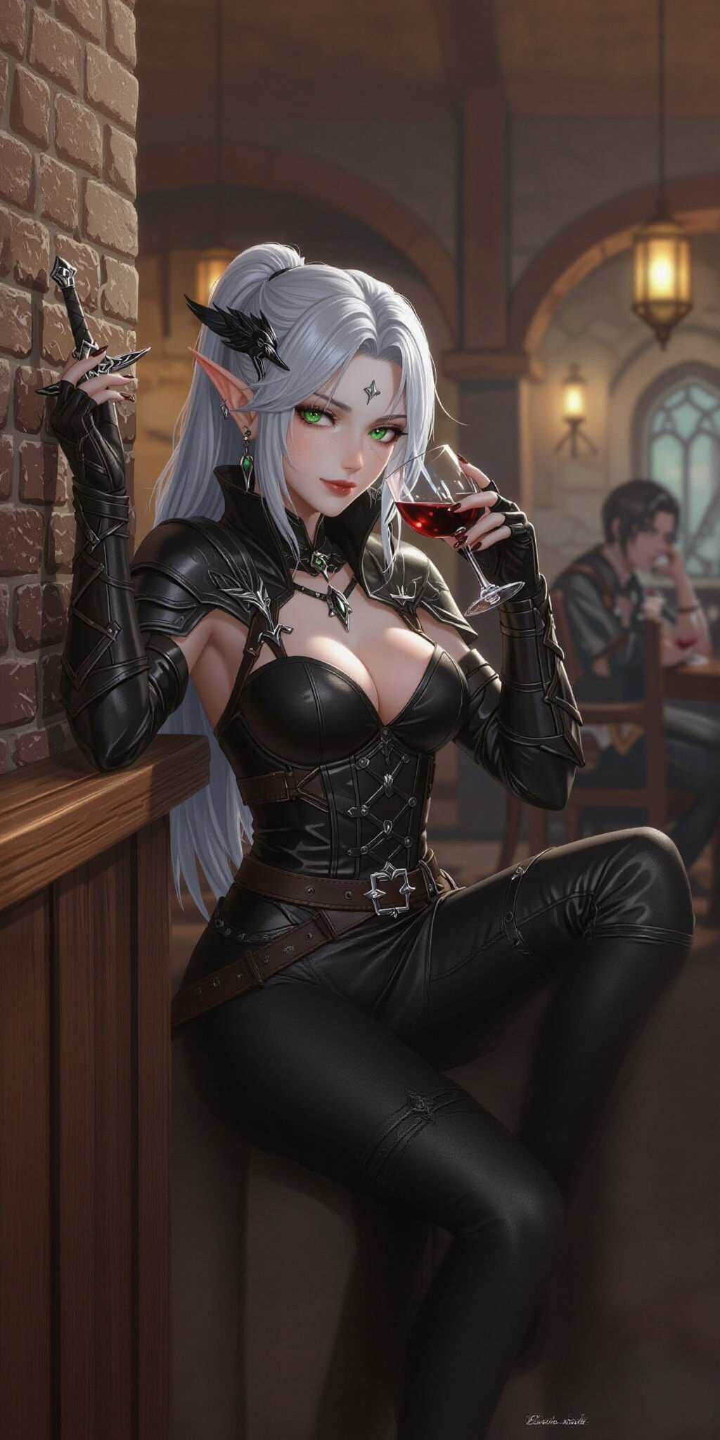 Drow Elf Assassin Sips Wine in Tavern, 3D Anime Art