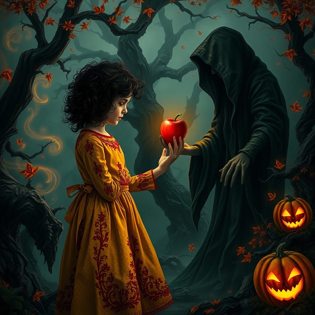 Eerie Fairytale: Girl, Apple, and Ominous Woman