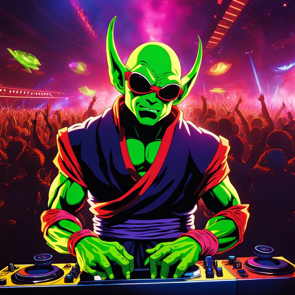 Piccolo the DJ: Namekian Warrior in Neon Nightclub
