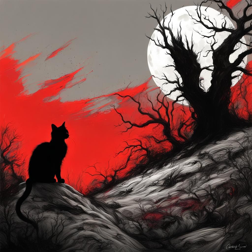 Black Cat Silhouette Under Full Moon, Selective Color Art
