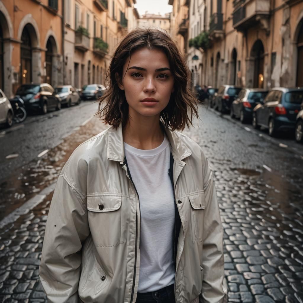 22 years old brunette girl, with wet mid-short loose hair, brown eyes, natural beauty, calm expression