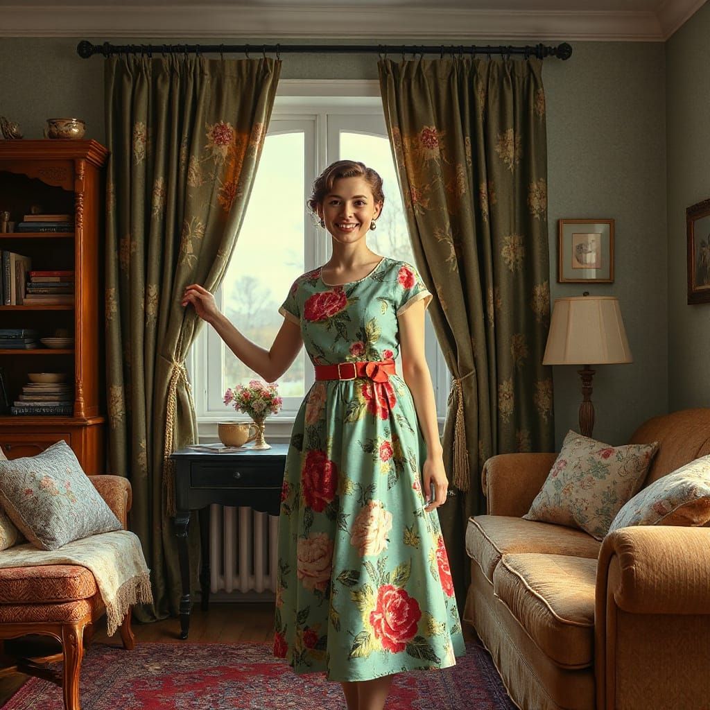 Tradwife Hanging Curtains: 1950s Style Digital Art