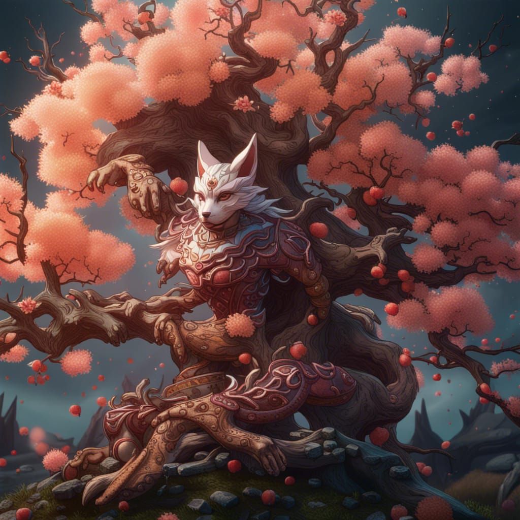 Peach Tree Kitsune: Detailed Fantasy Concept Art