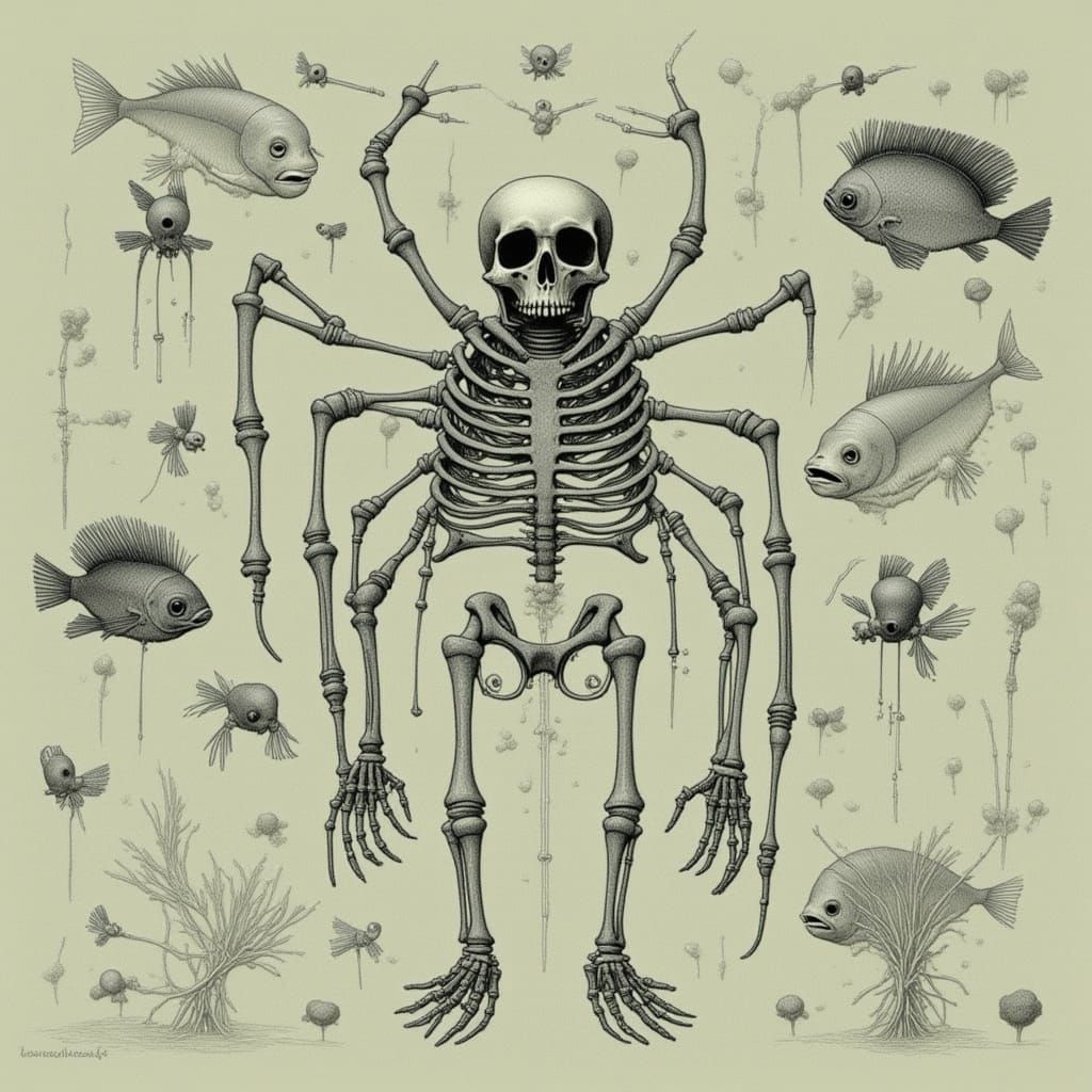 Nightmarish Fishbones: A Dark Surreal Image