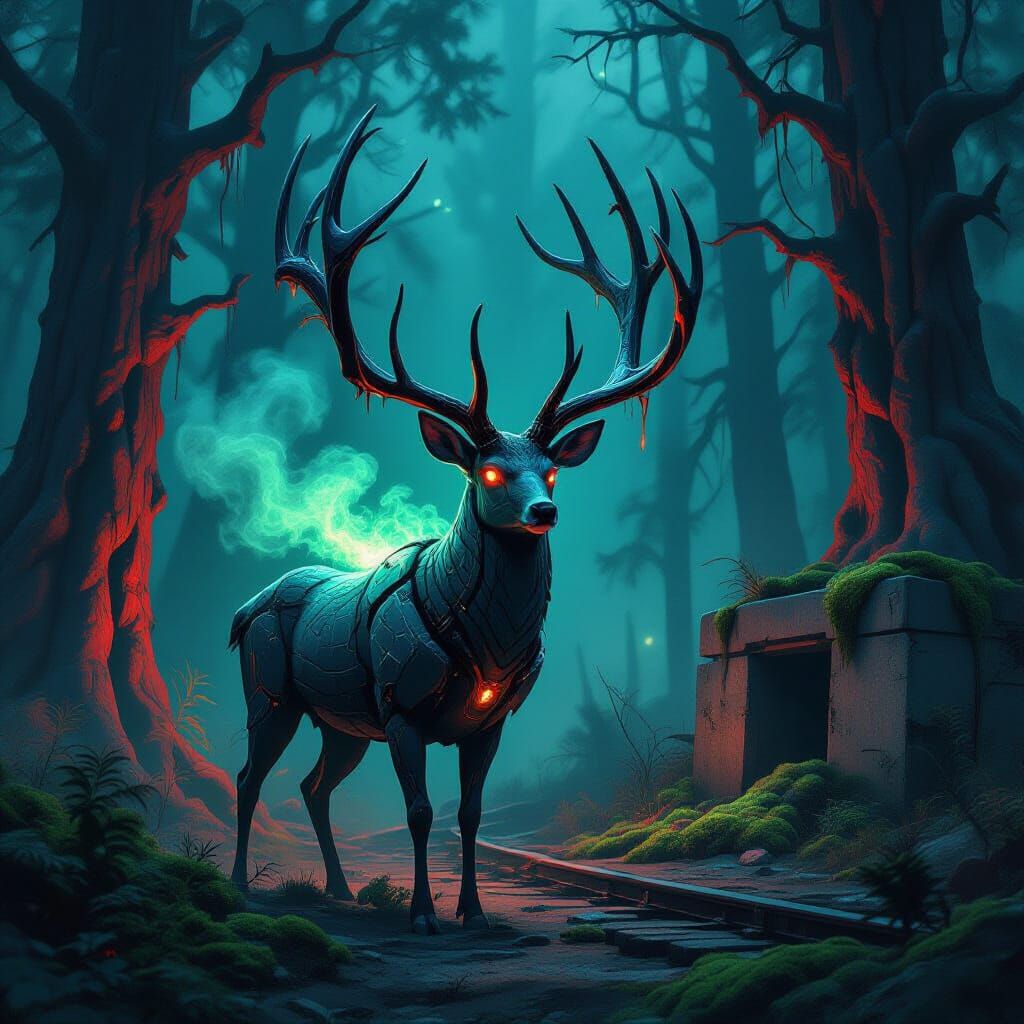 Sentinel-Spine Deer Digital Painting with Bio-Mechanical Ant...