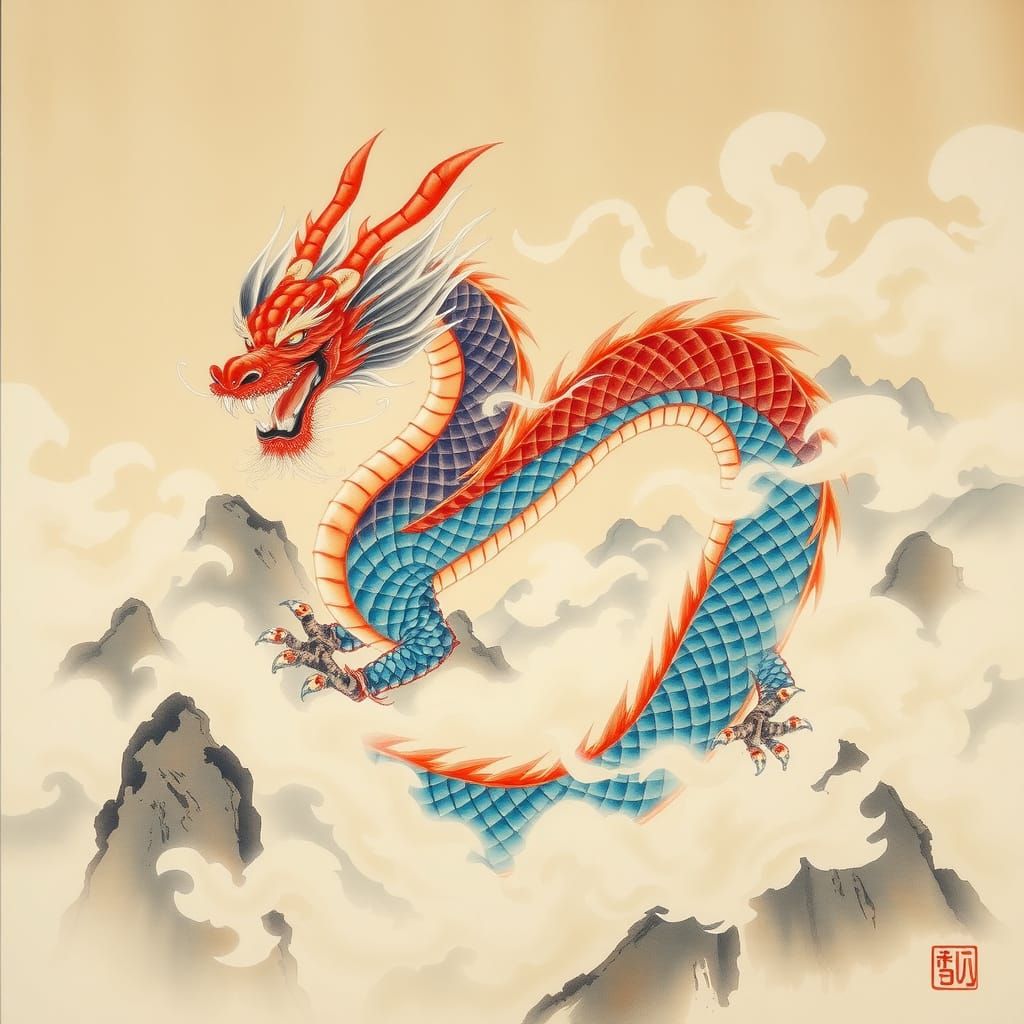 A regal dragon, its sinuous body wrapped in iridescent scales that shimmer with imperial blue and crimson hues, amidst s...