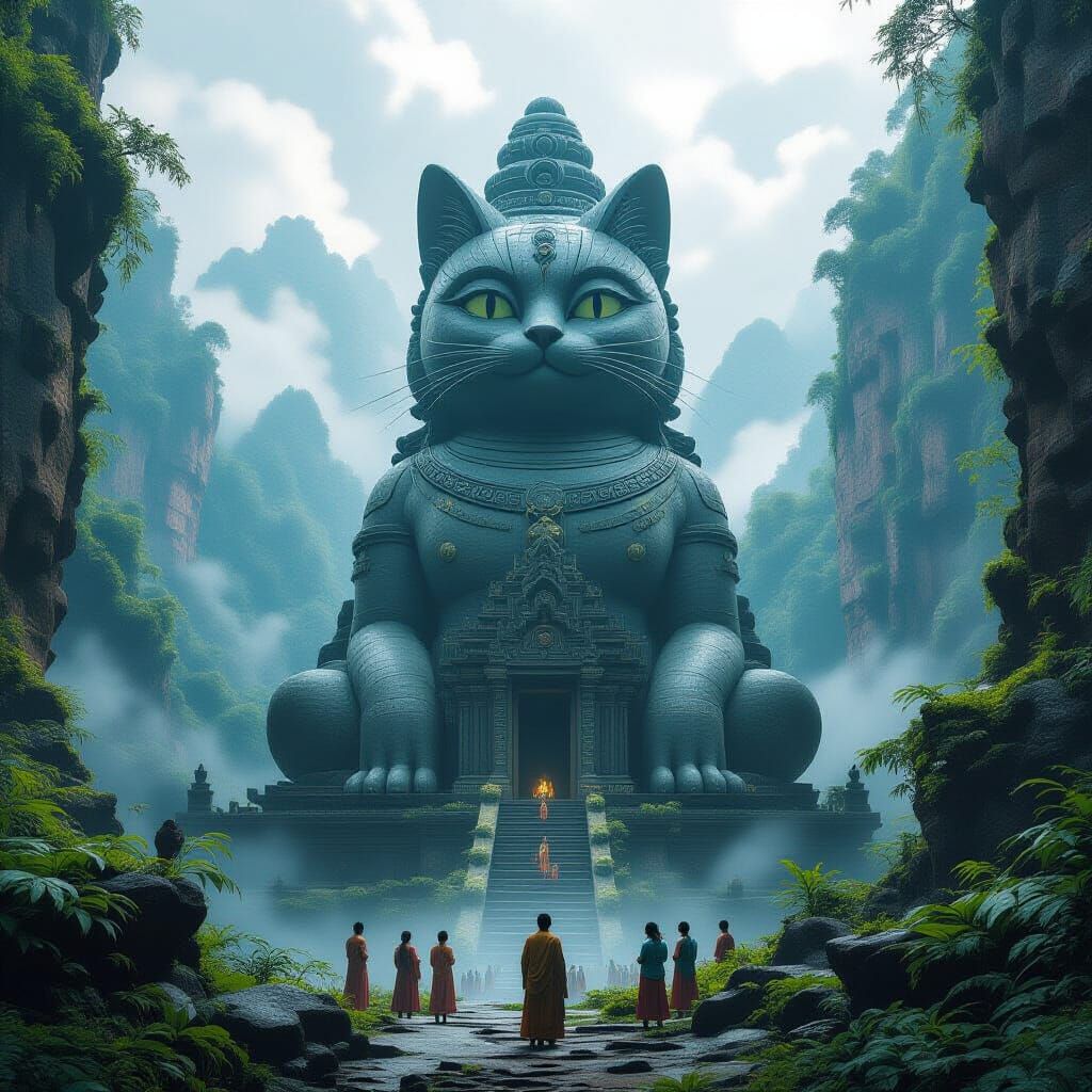 Giant Cat Temple in Lush Valley, Hyperrealistic Style