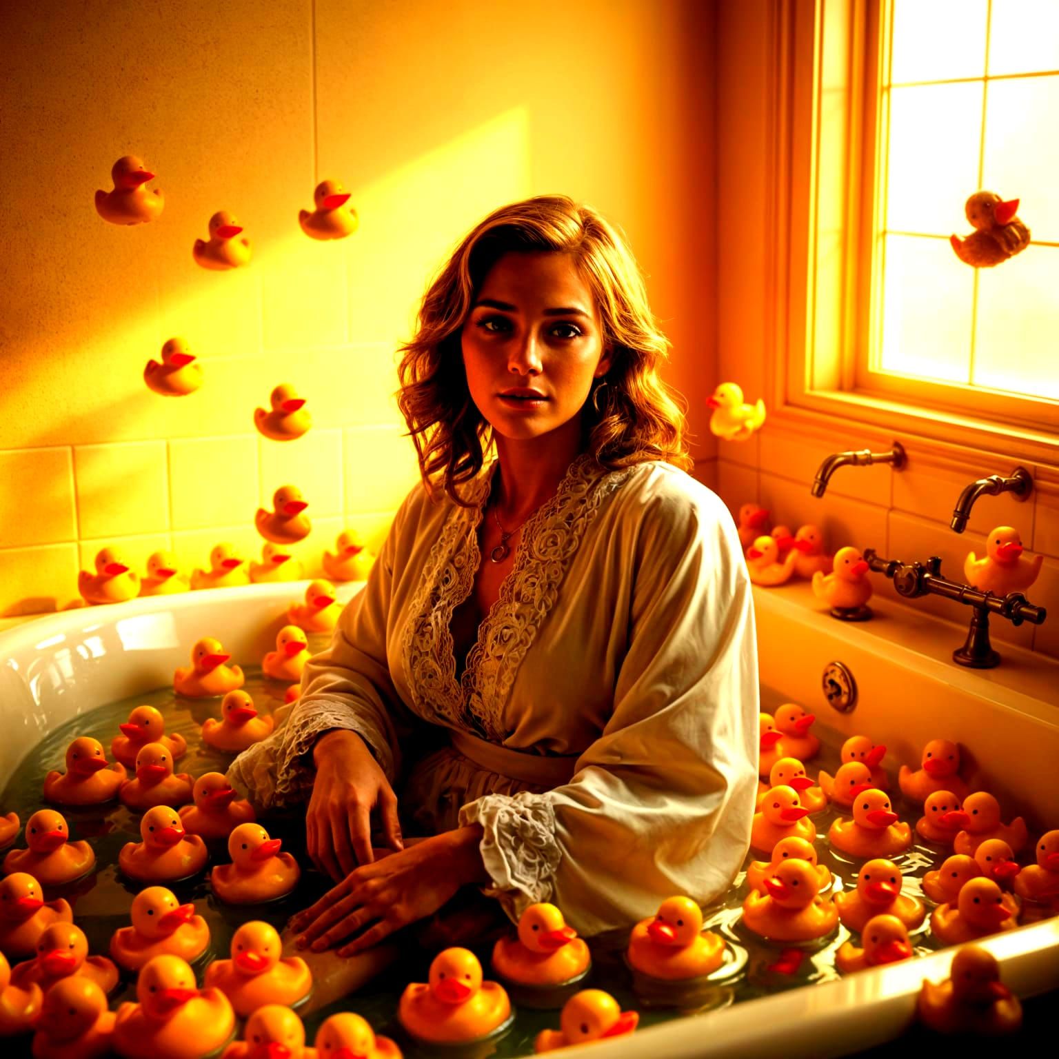Lady in Whimsical Retro Bath Scene with Rubber Ducks