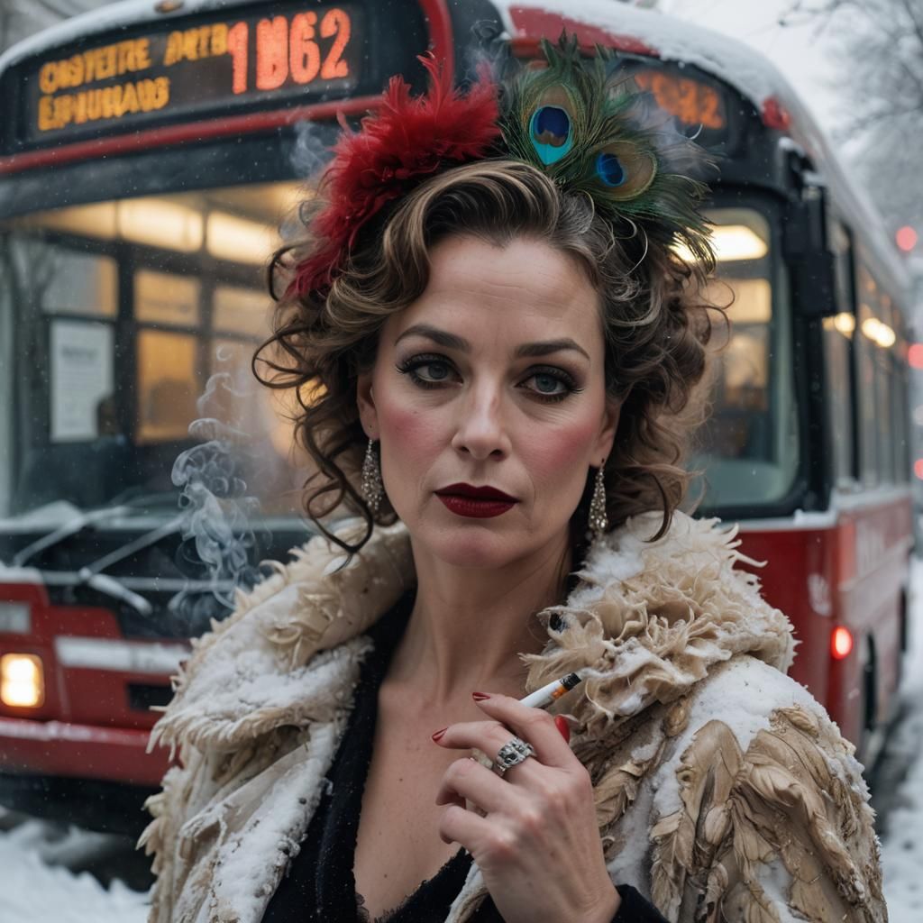 Despondent Actress with Peacock Mask in Snowy City