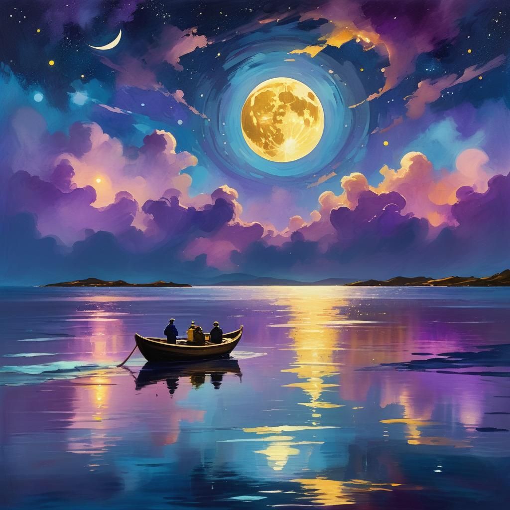 Double Moon Reflection: A Fantasy Ocean Digital Painting
