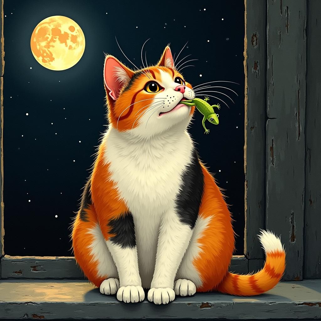 Calico Cat's Lunar Feast: A Folk Art Dream