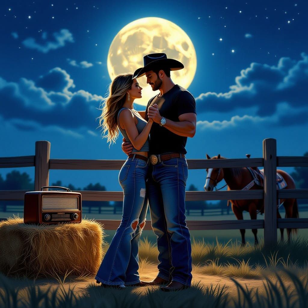 Cowboy and Cowgirl Dance Under Harvest Moon