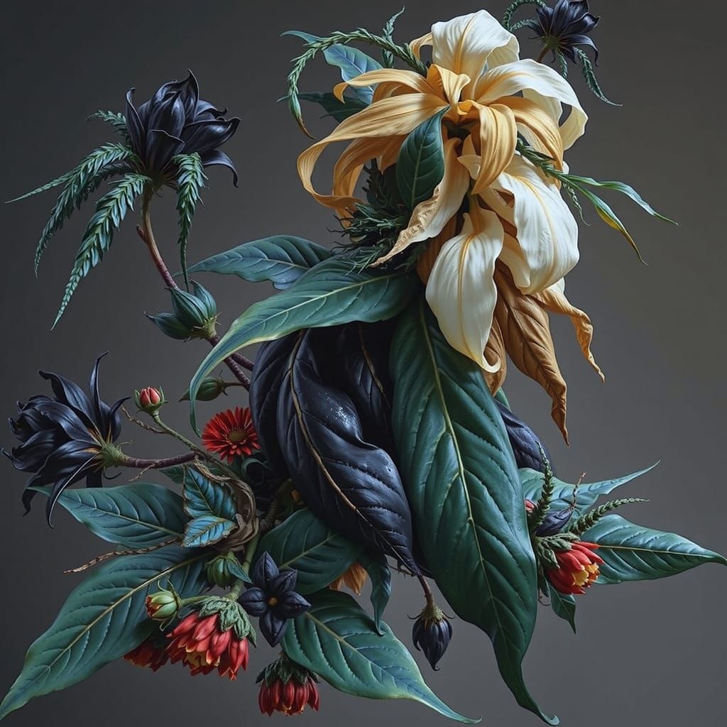 Hyperrealistic Botanical Tapestry with Fractured Flora