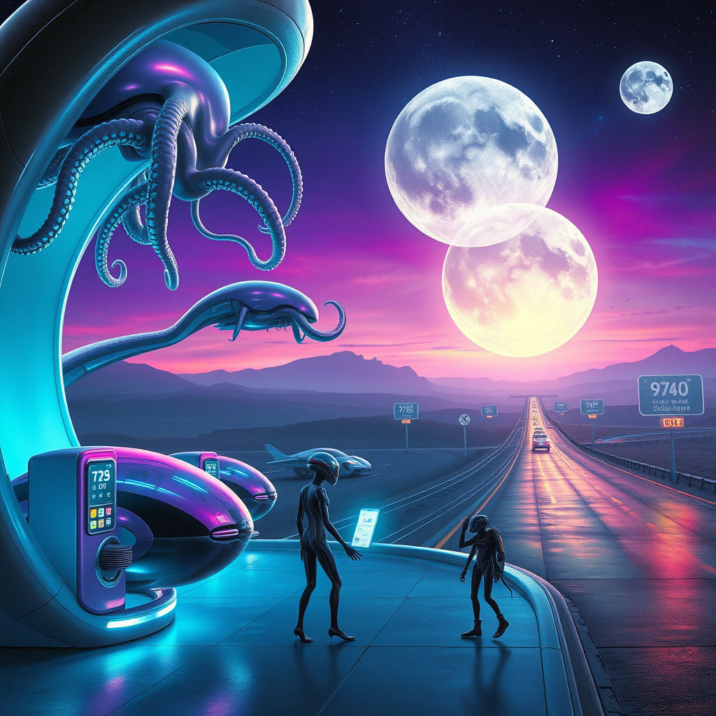 Biomechanical Alien Gas Station in Cyberpunk Style