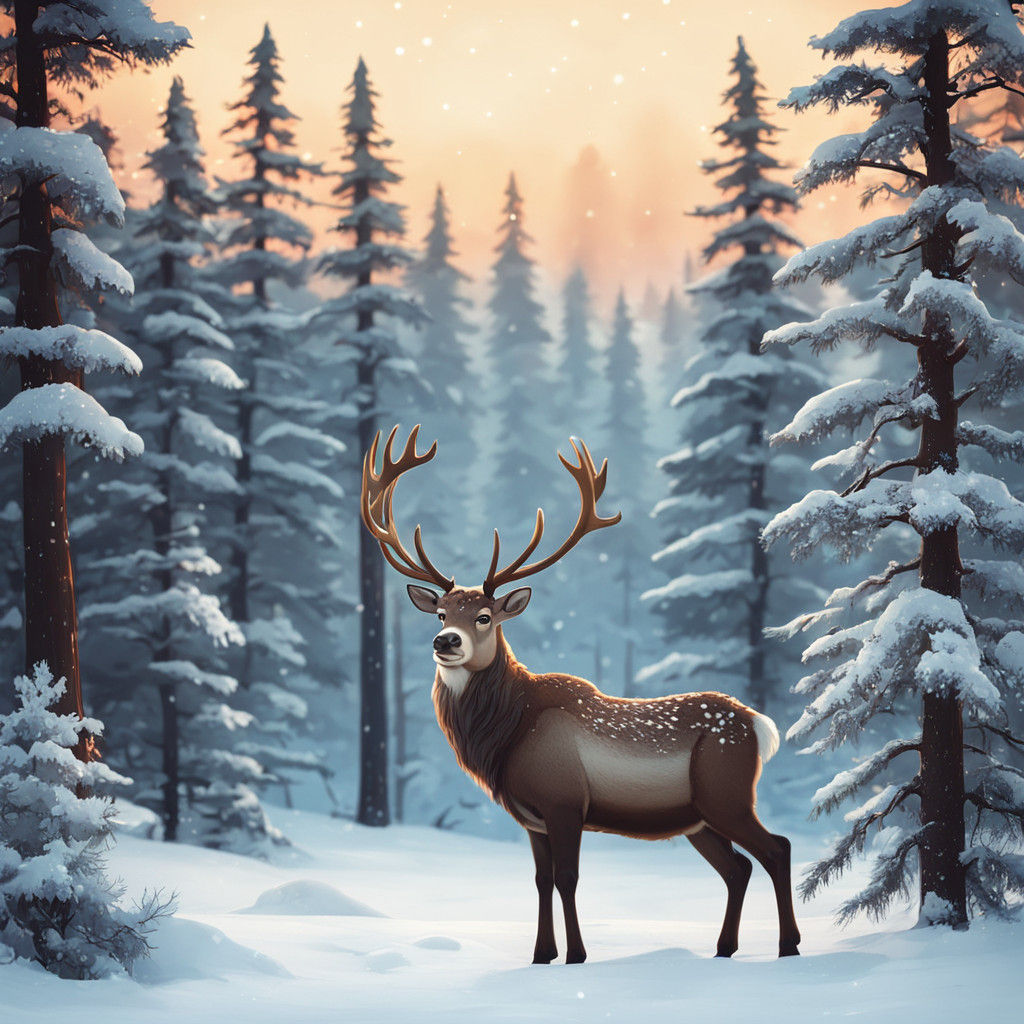 Whimsical Reindeer in Snowy Forest, Classic Cartoon Style