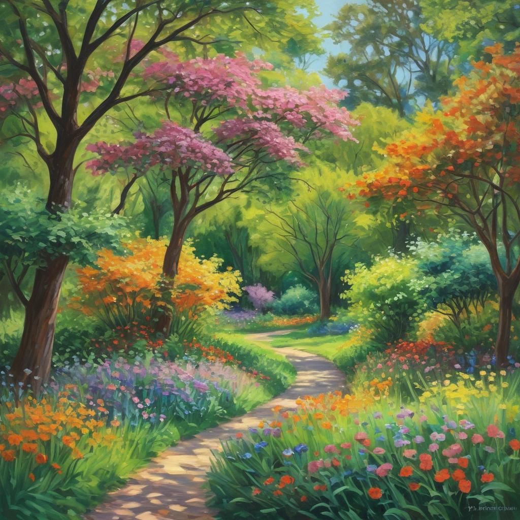 Impressionist Arboretum Oil Painting in Vibrant Bloom