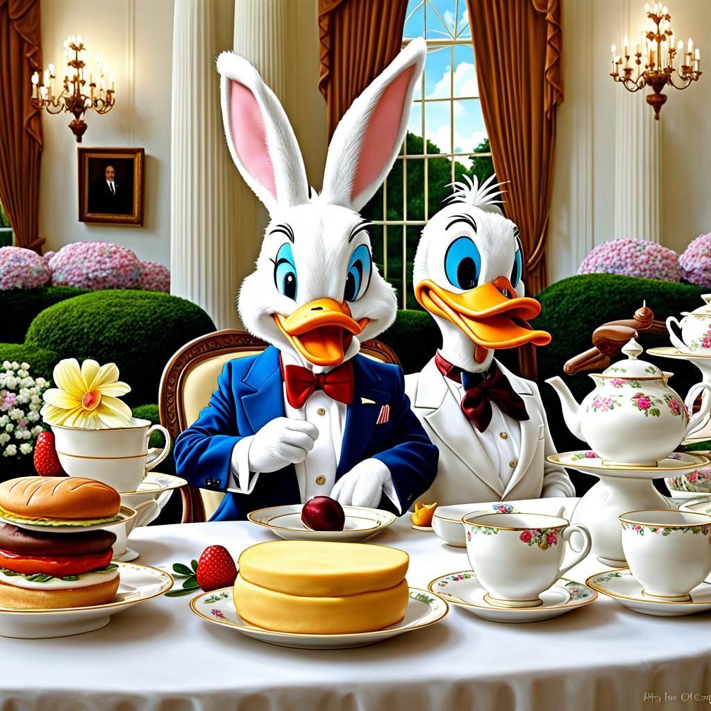 Bugs Bunny, Dagobert Duck at the White House Tea Party, digital art