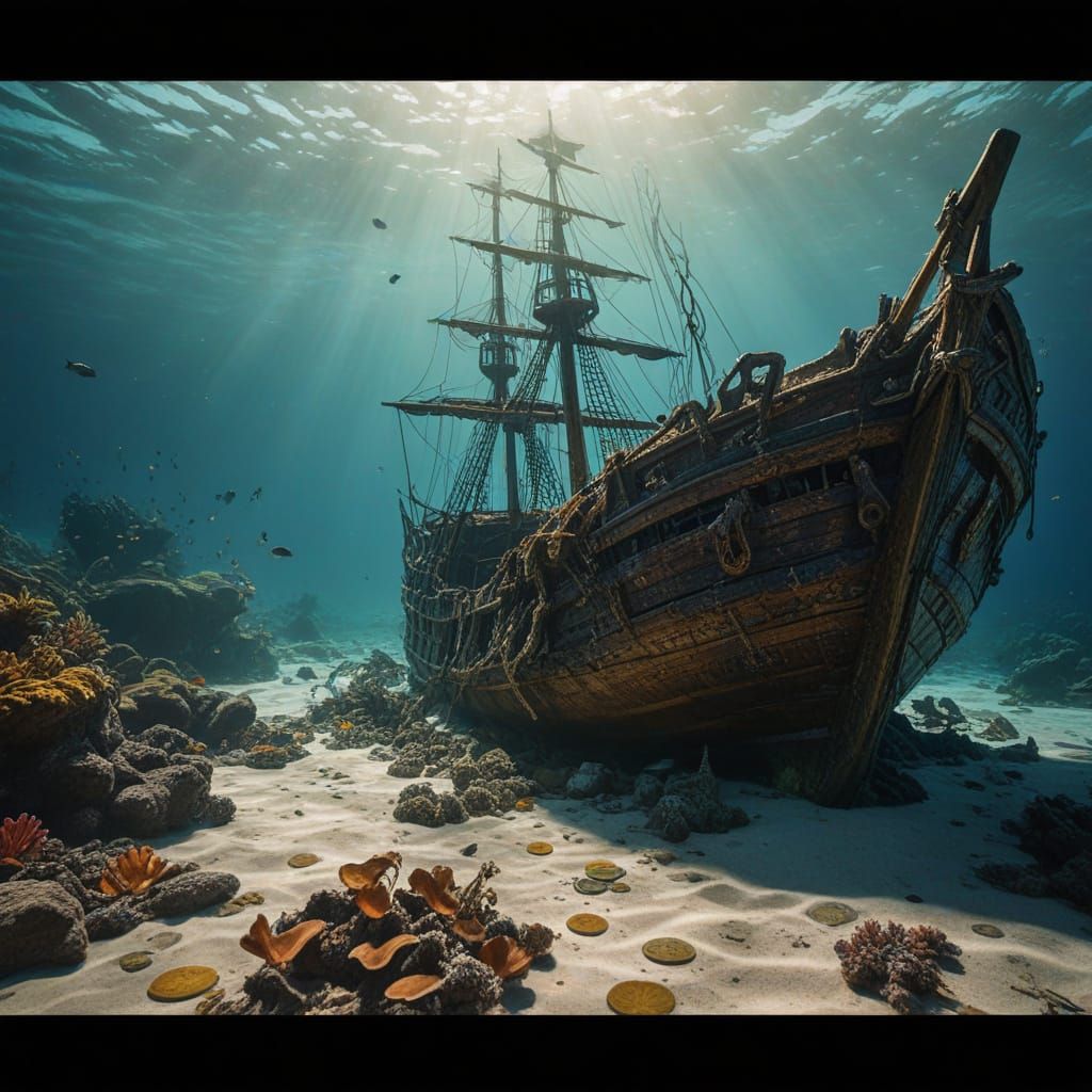Hyper-Realistic Underwater Scene of Pirate Ship Wreck