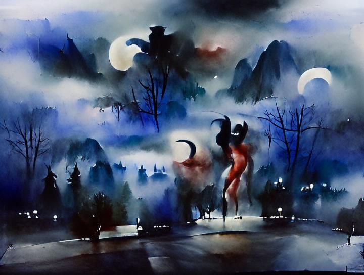 Ethereal Dance in Foggy Night: Watercolor Painting