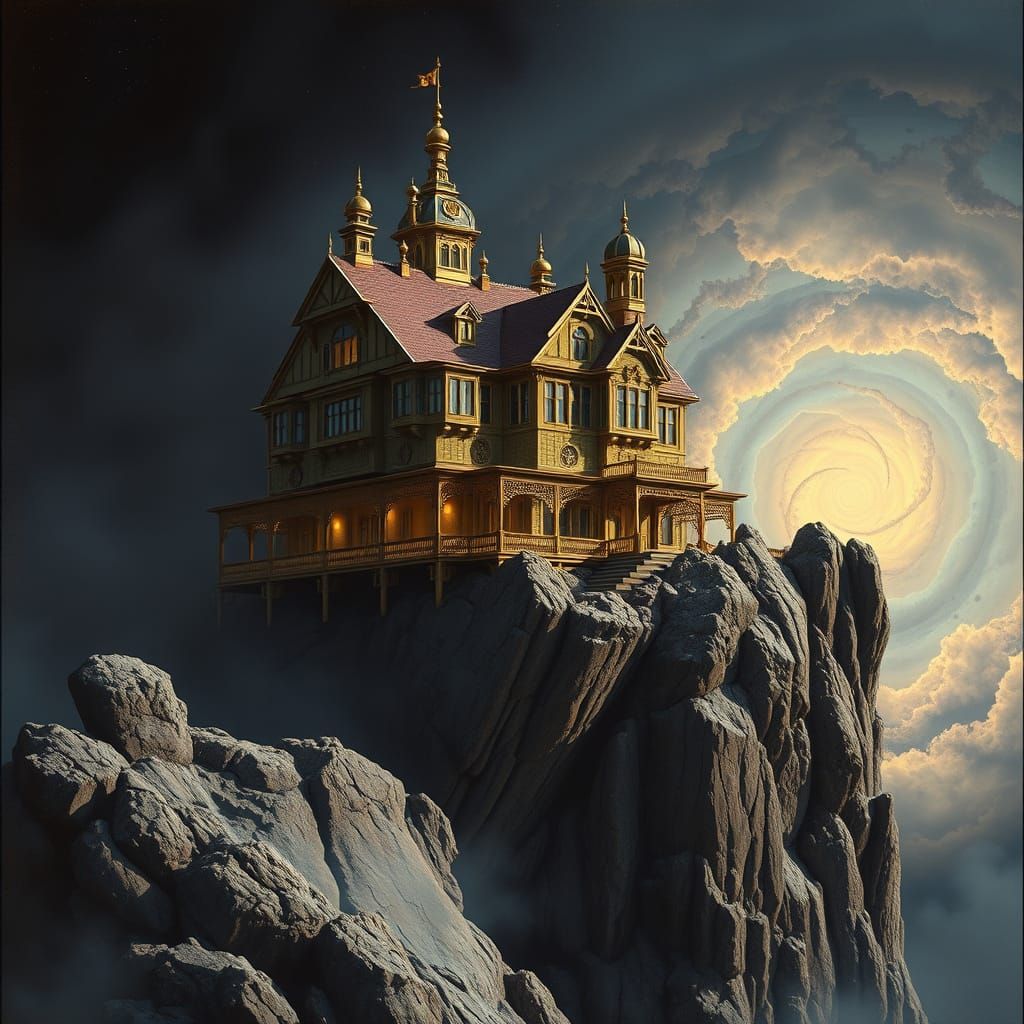 Ornate Brass House on Cliff Overlooking Nebula