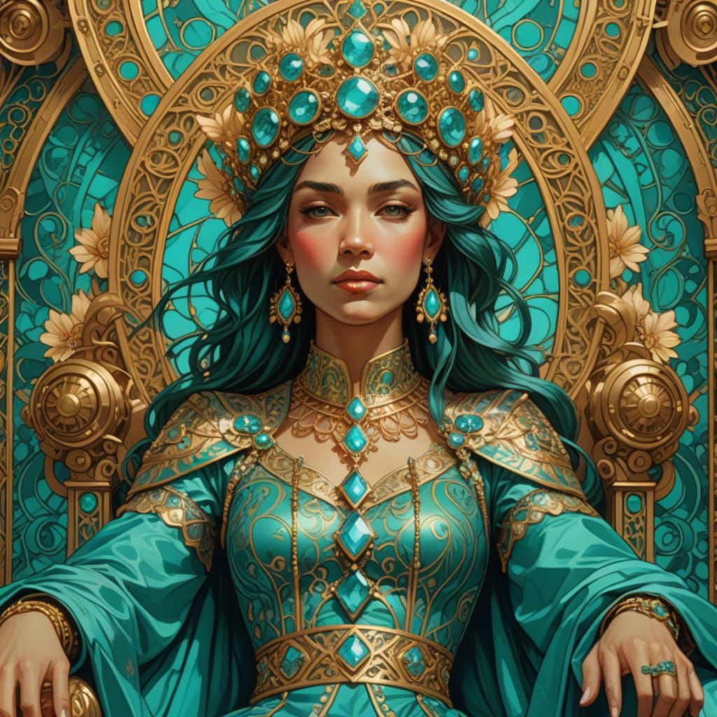 Regal Turquoise Queen in Ornate Digital Art