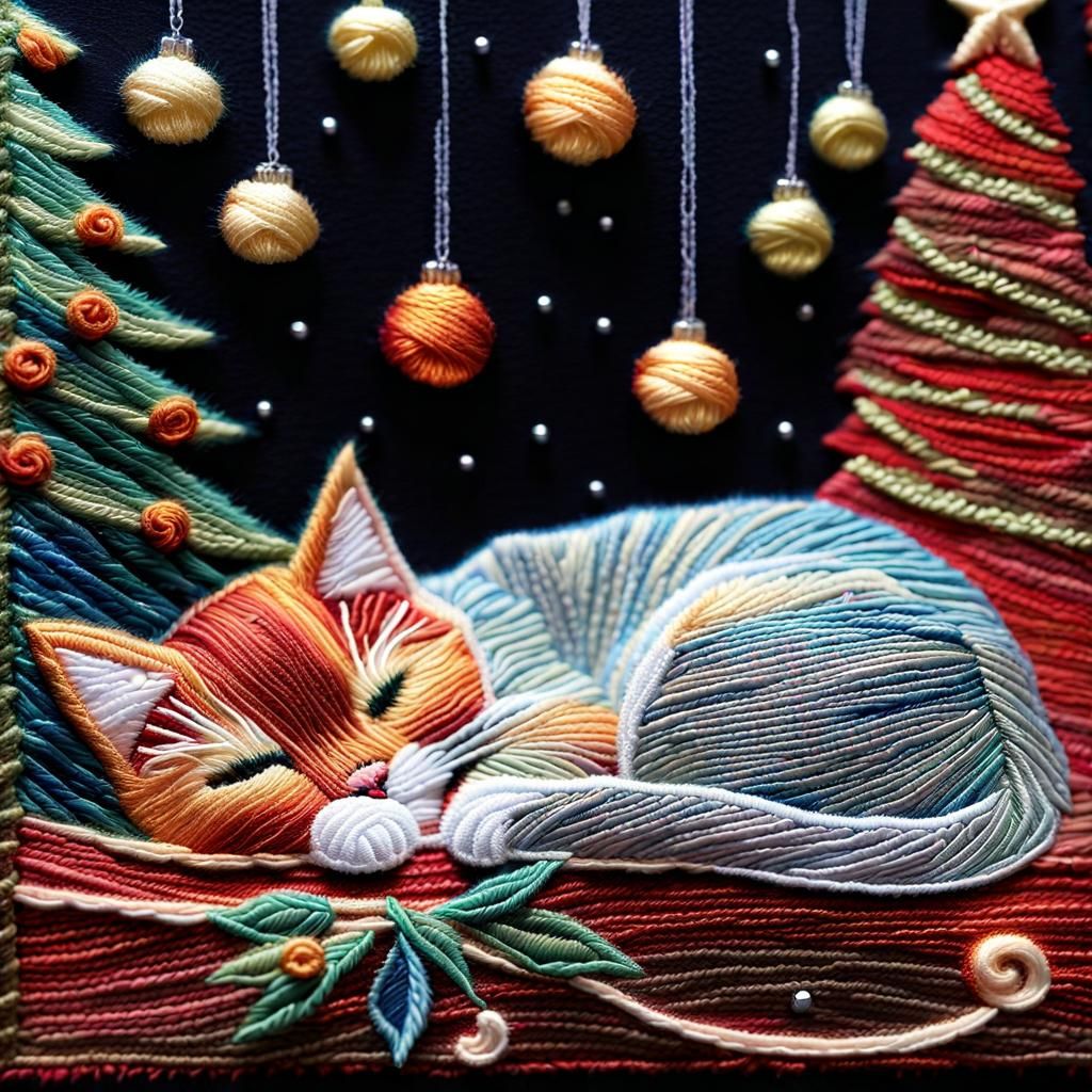 Embroidered Cat Sleeping Under Christmas Tree