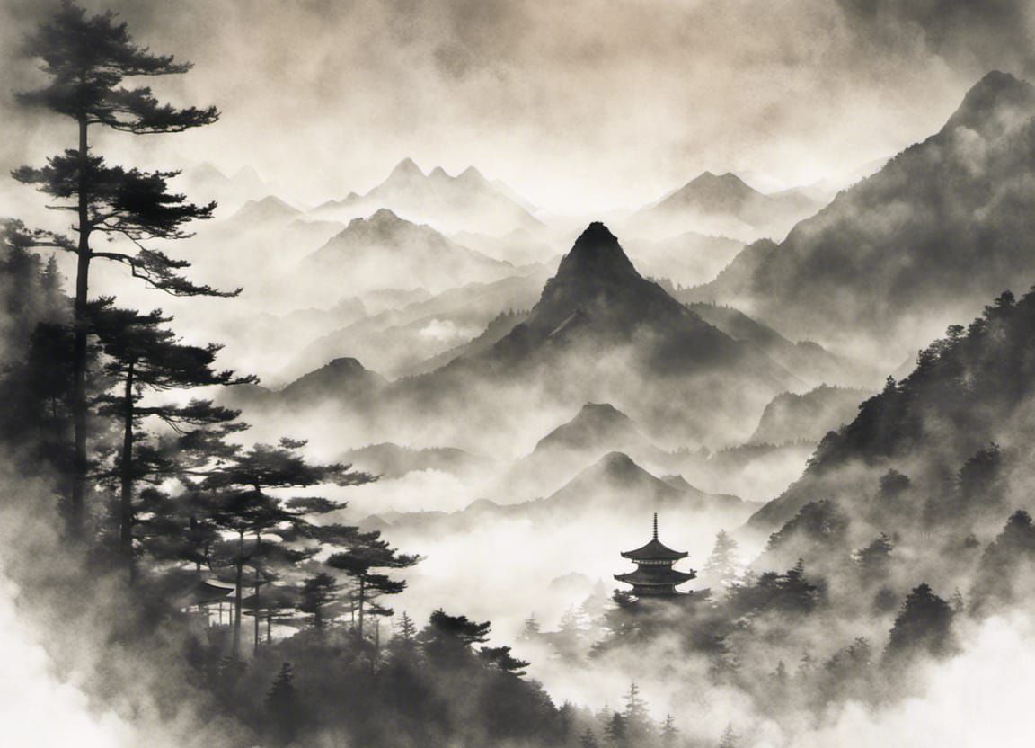 Pagoda Merged with Valley in Sumi-e Style