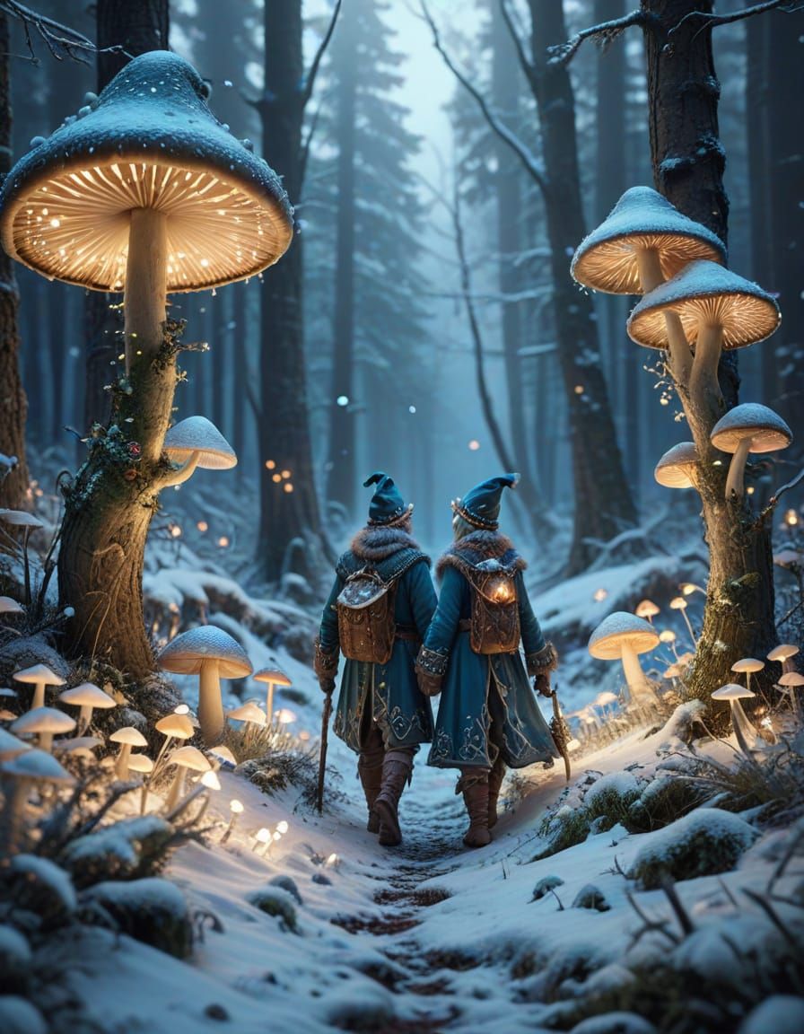 Christmas Elves in Snowy Forest with Glowing Mushrooms