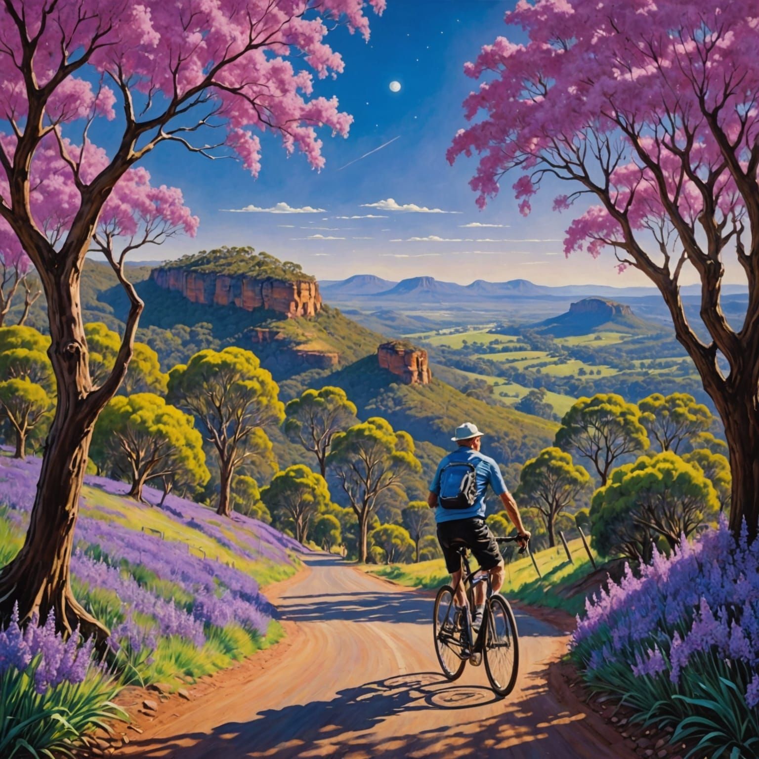 Old Man Cycling Through Jacarandas in Timeless Toowoomba Lan...