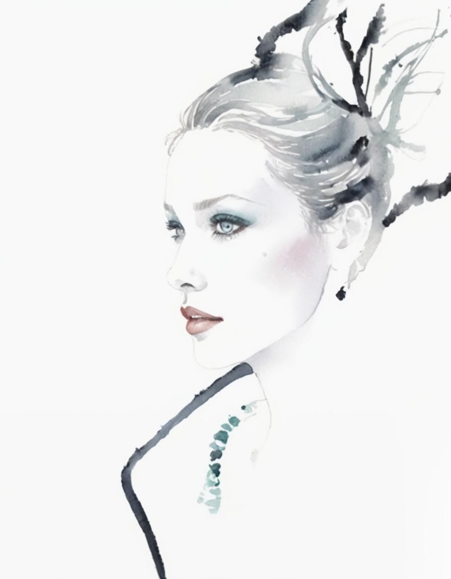 Watercolor Impressionism Portrait of Woman with Red Hair