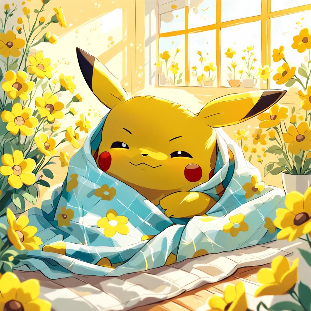Pikachu Sleeping in Flowers, Pop Art Illustration
