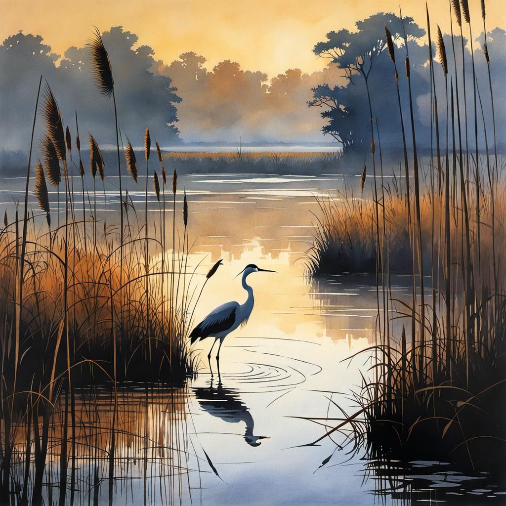 Cranes in Evening Light by Reed-Covered Lake