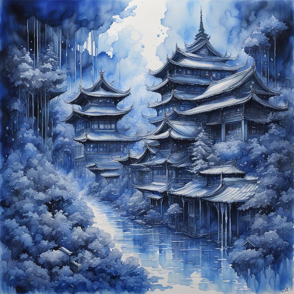 Monochromatic Blue Watercolor Painting, Wet-on-Wet