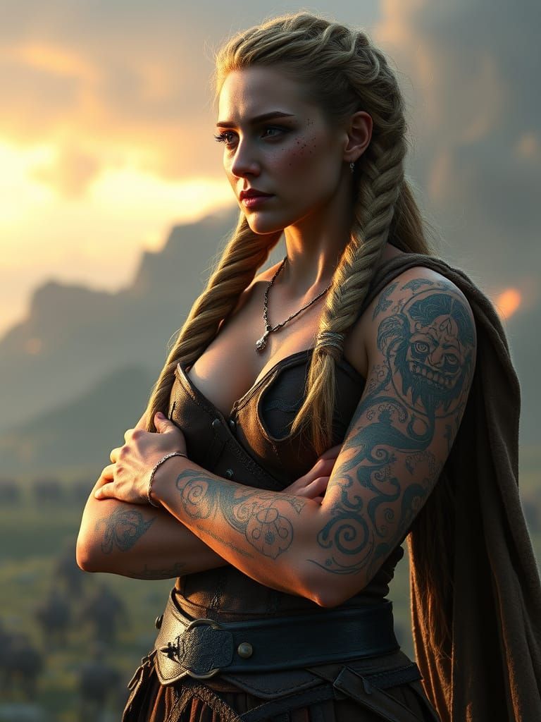 Fierce Female Viking Warrior in Battle-Scarred Landscape