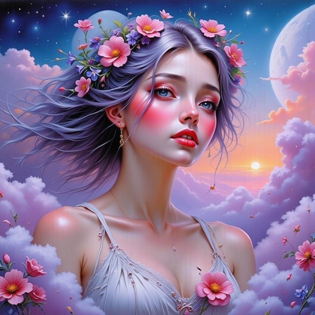 Whimsical Dream Girl Under Starry Night Sky in Romantic Illu...