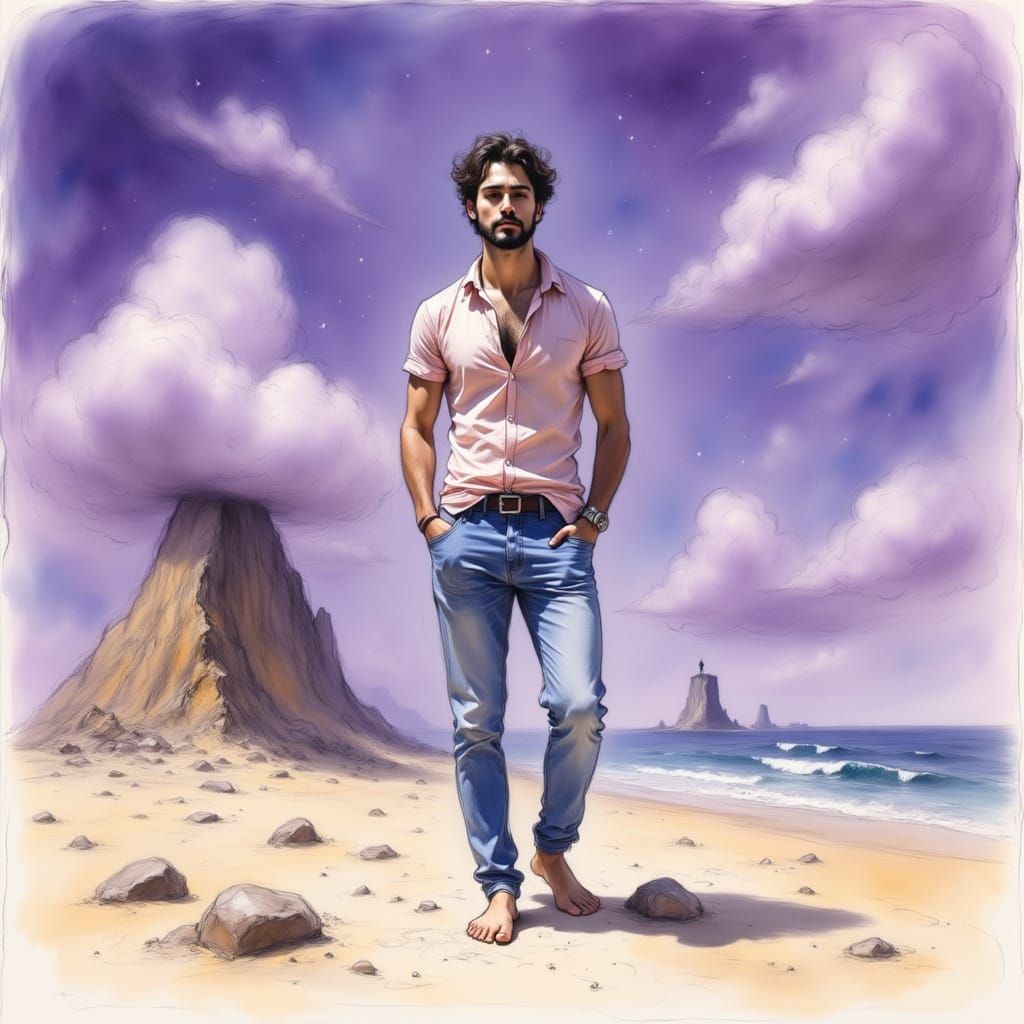 A Handsome Man on an Alien Beach in the Style of Boris Valle...