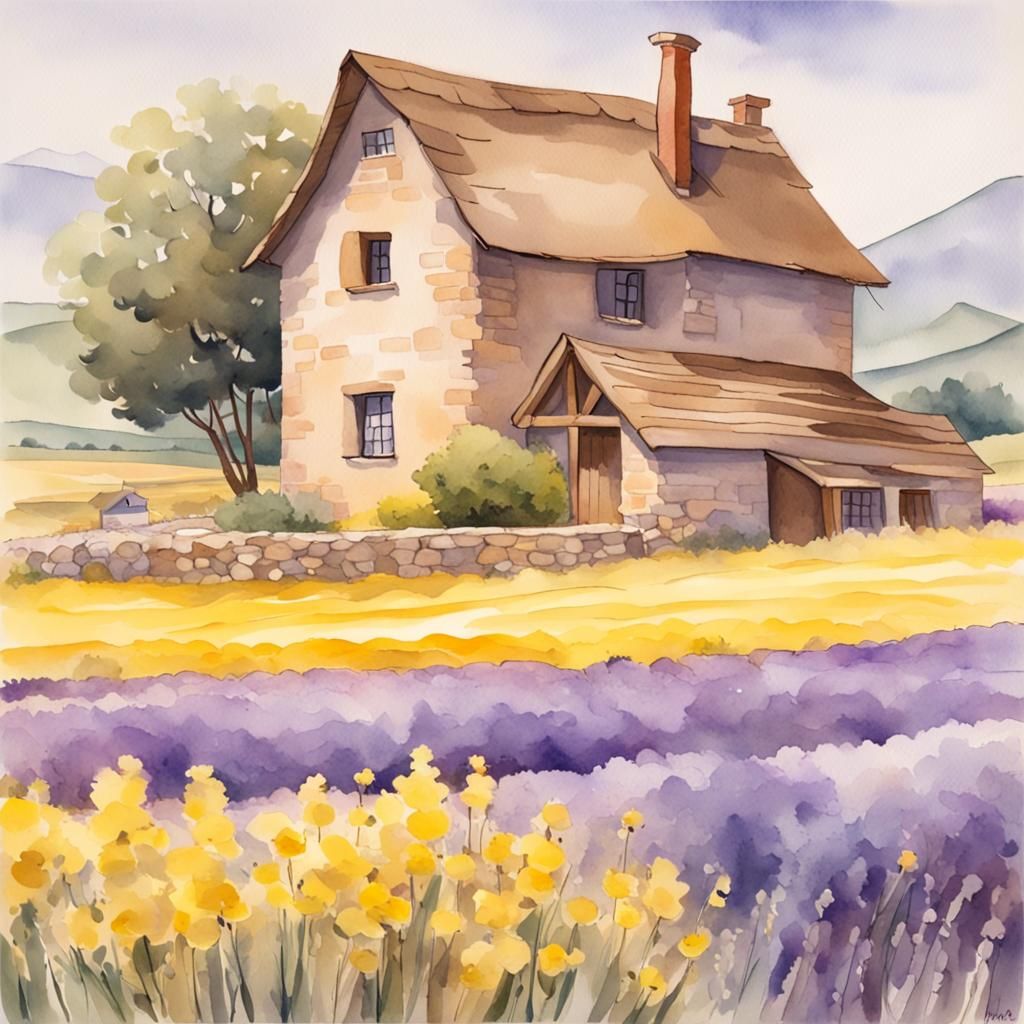Watercolor Mill in Lavender Field