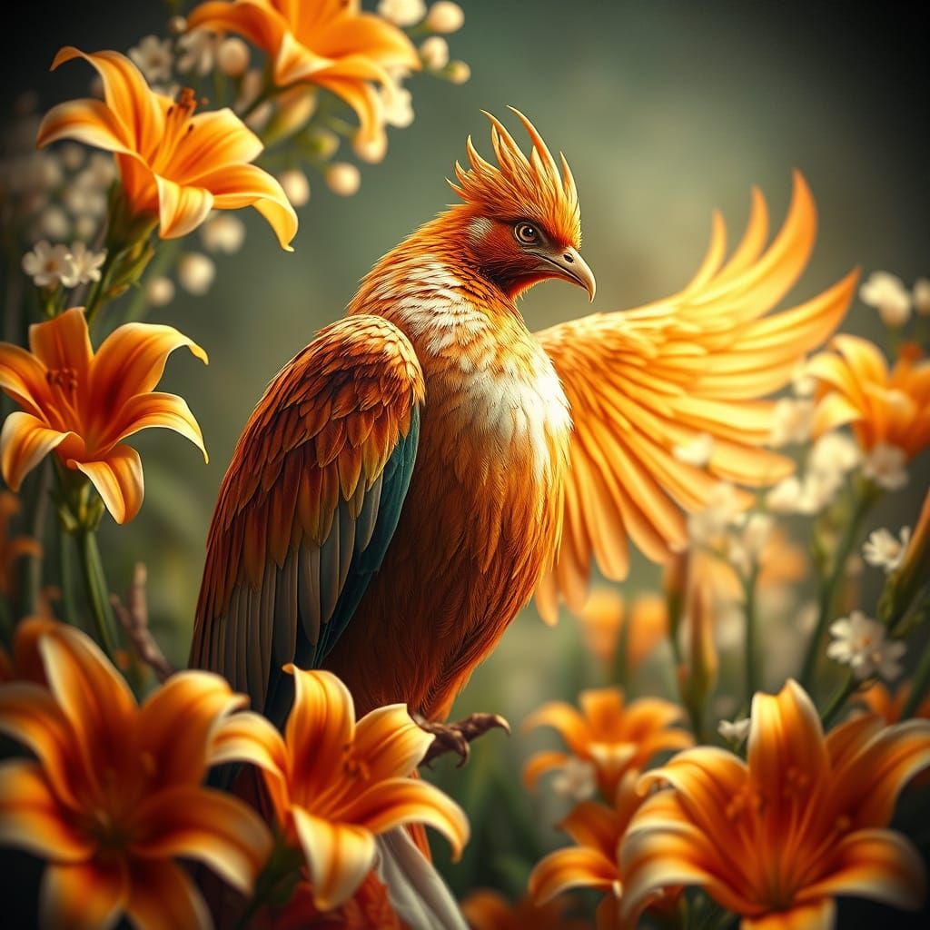 a stately Phoenix  full view, a subtle background of beautif...