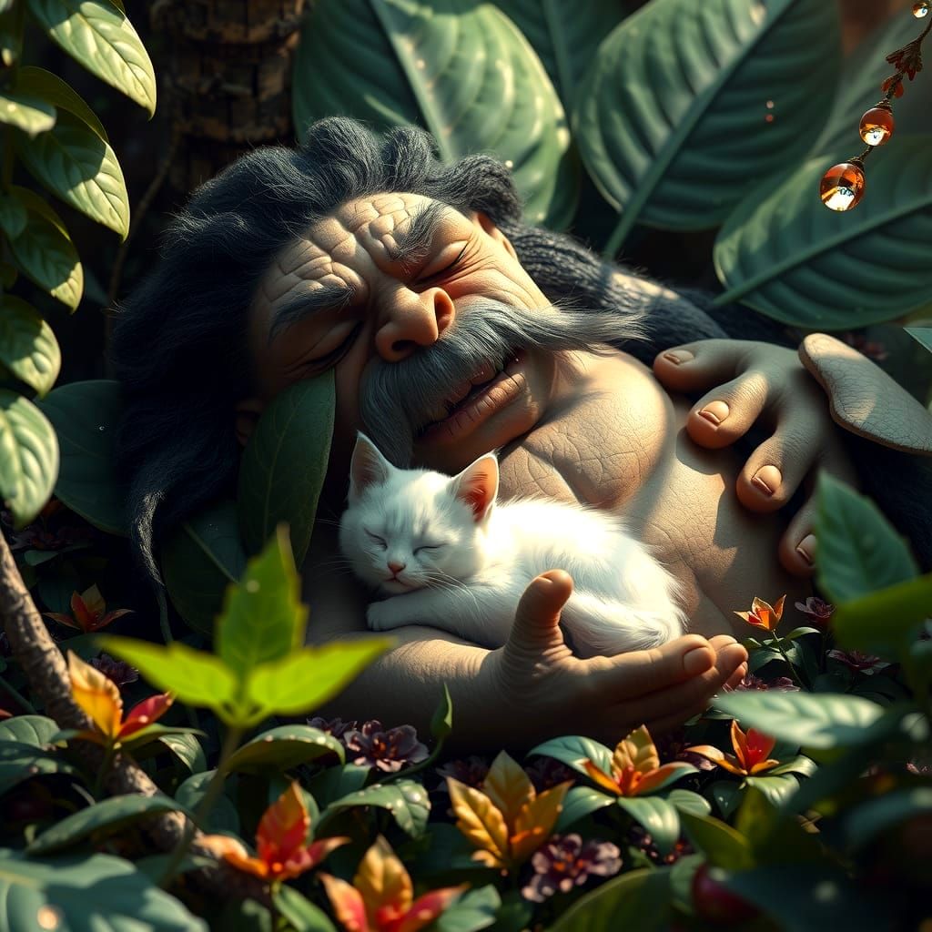 Fluffy Kitten Sleeps on Ancient Troll in Enchanted Forest