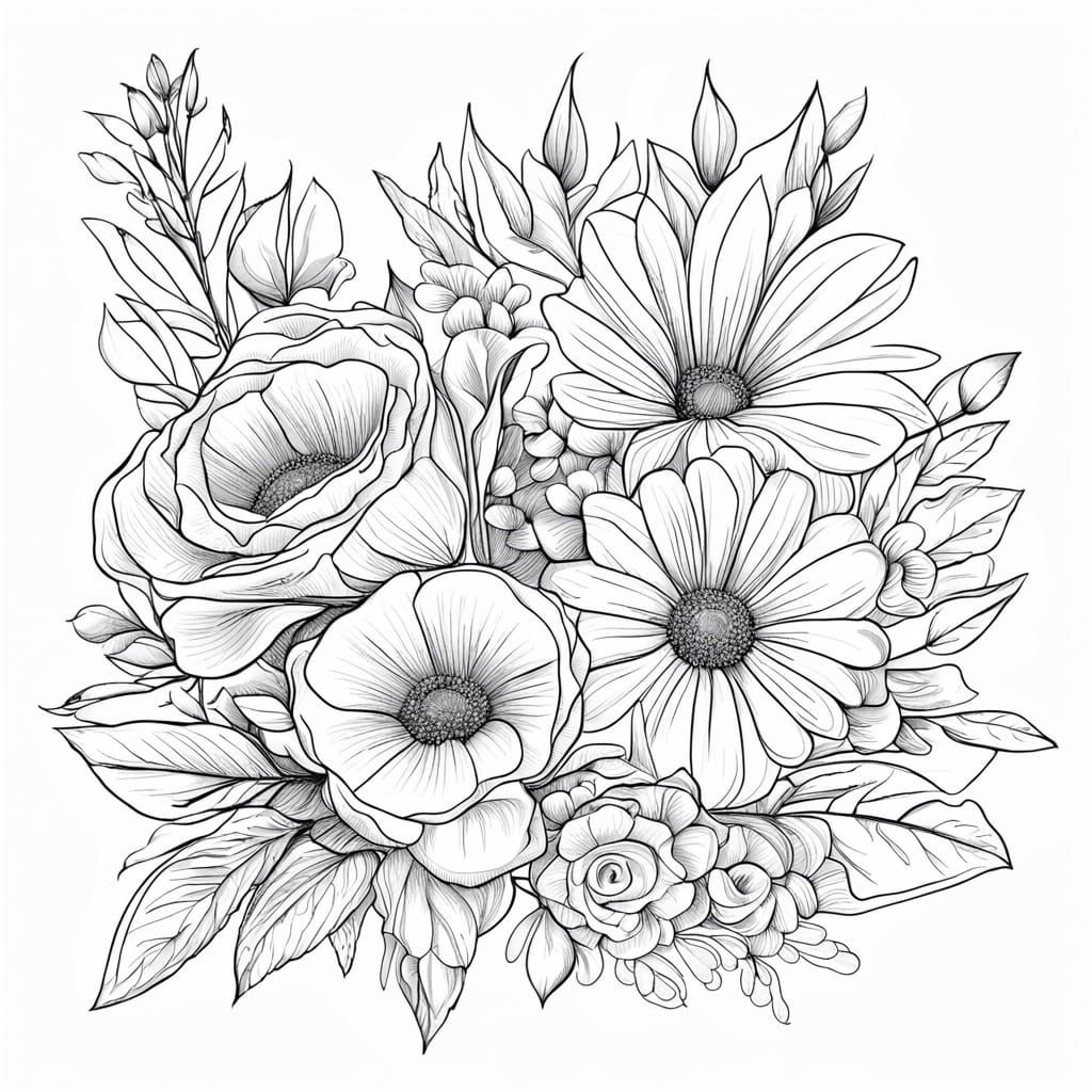 Intricate Monochrome Flower Bouquet in Line Art Style