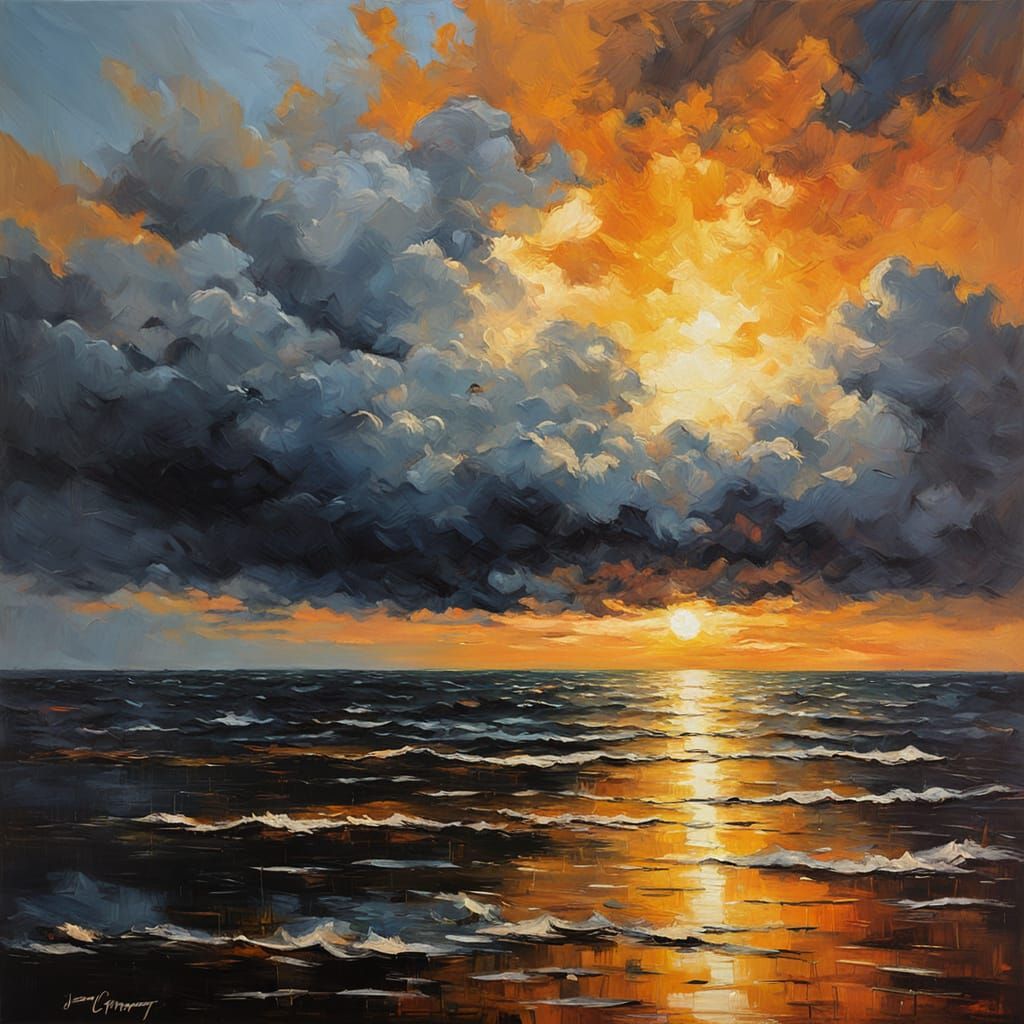 Impressionist Oil Painting of Horizon at Sunset