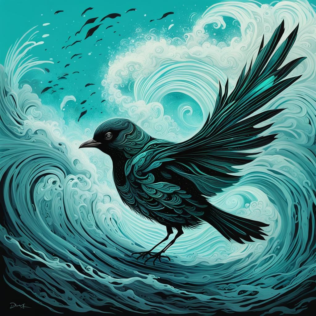 Bird in Dark Fantasy Ocean, Neon Turquoise Illustration