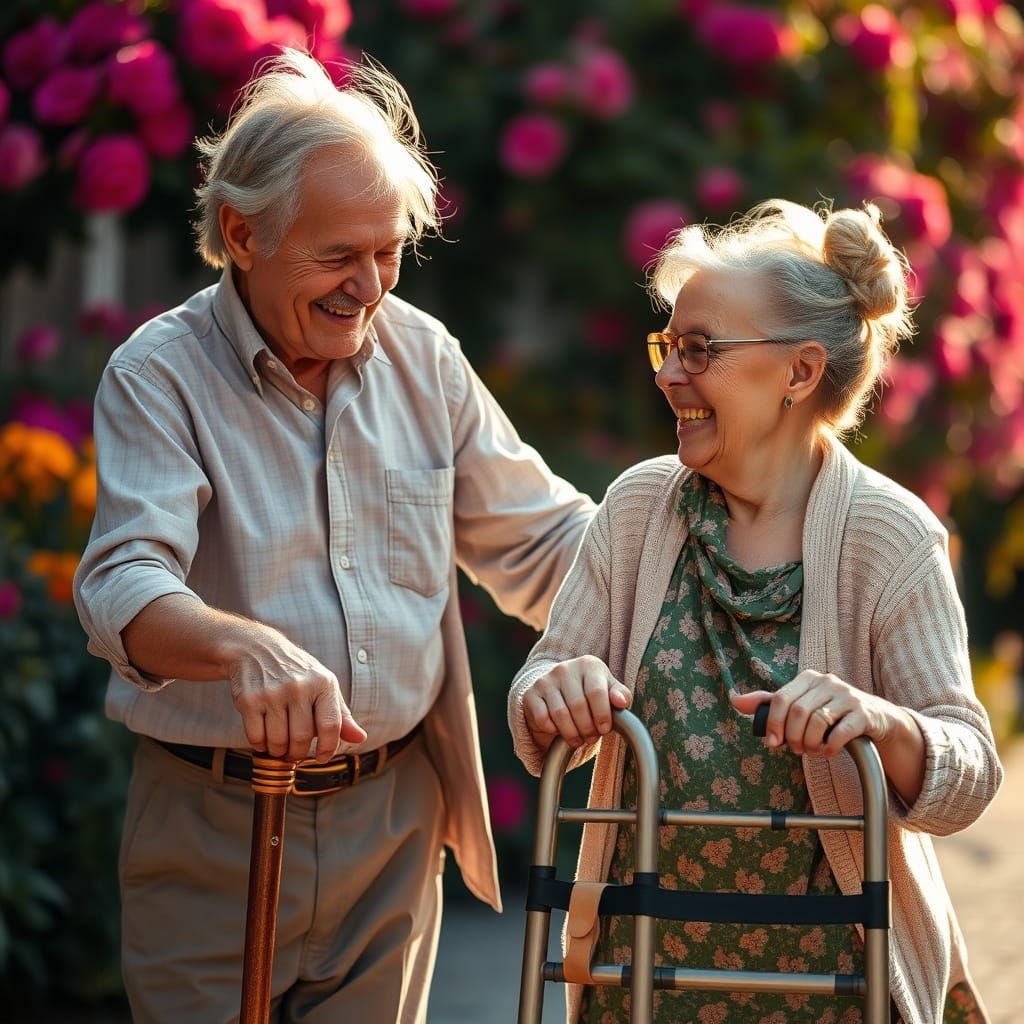 Elderly Couple Dancing with Joy in Vibrant Bloom