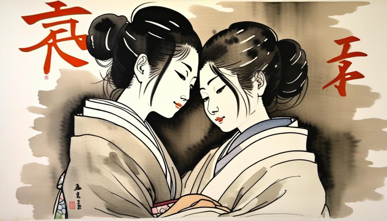 Japanese Lesbian Couple Embracing: Ink Wash Painting