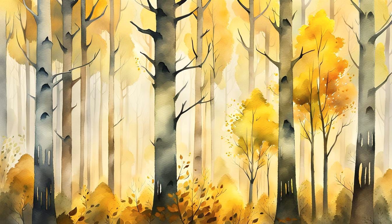 Sunlit Misty Autumn Forest in Watercolor Style