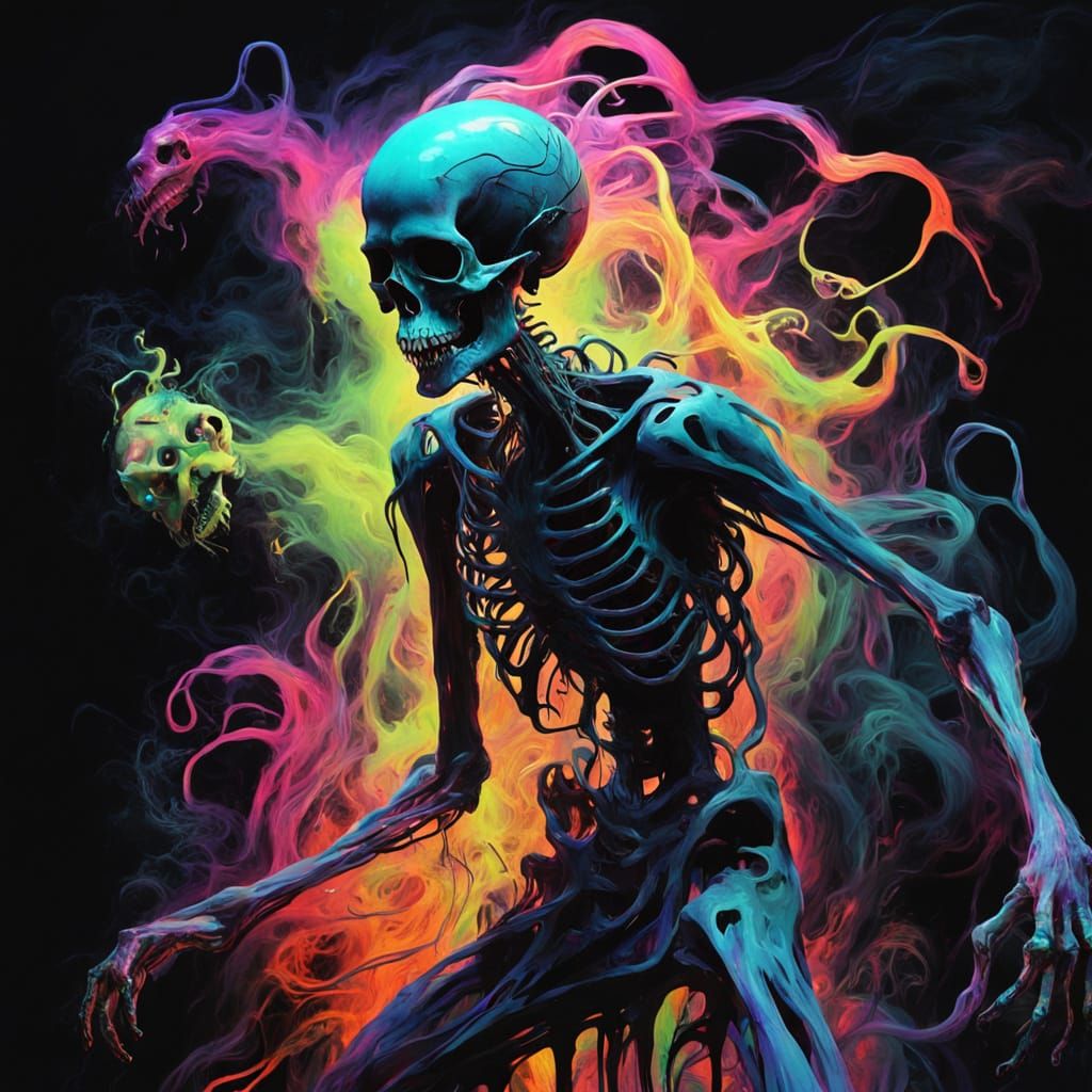 Ghostly Figure Emerges from Neon Smoke in Dark Surrealism
