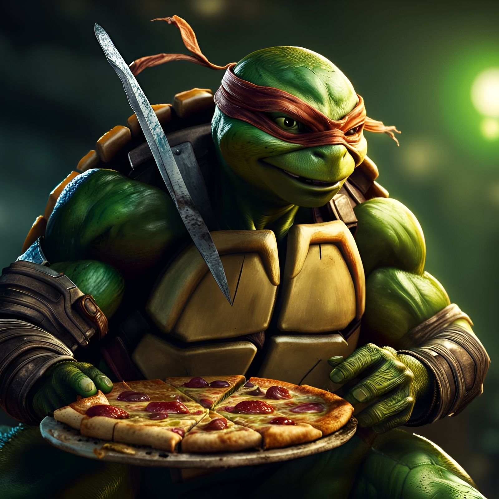 Michelangelo TMNT Eating Pizza in Ooze Green Concept Art