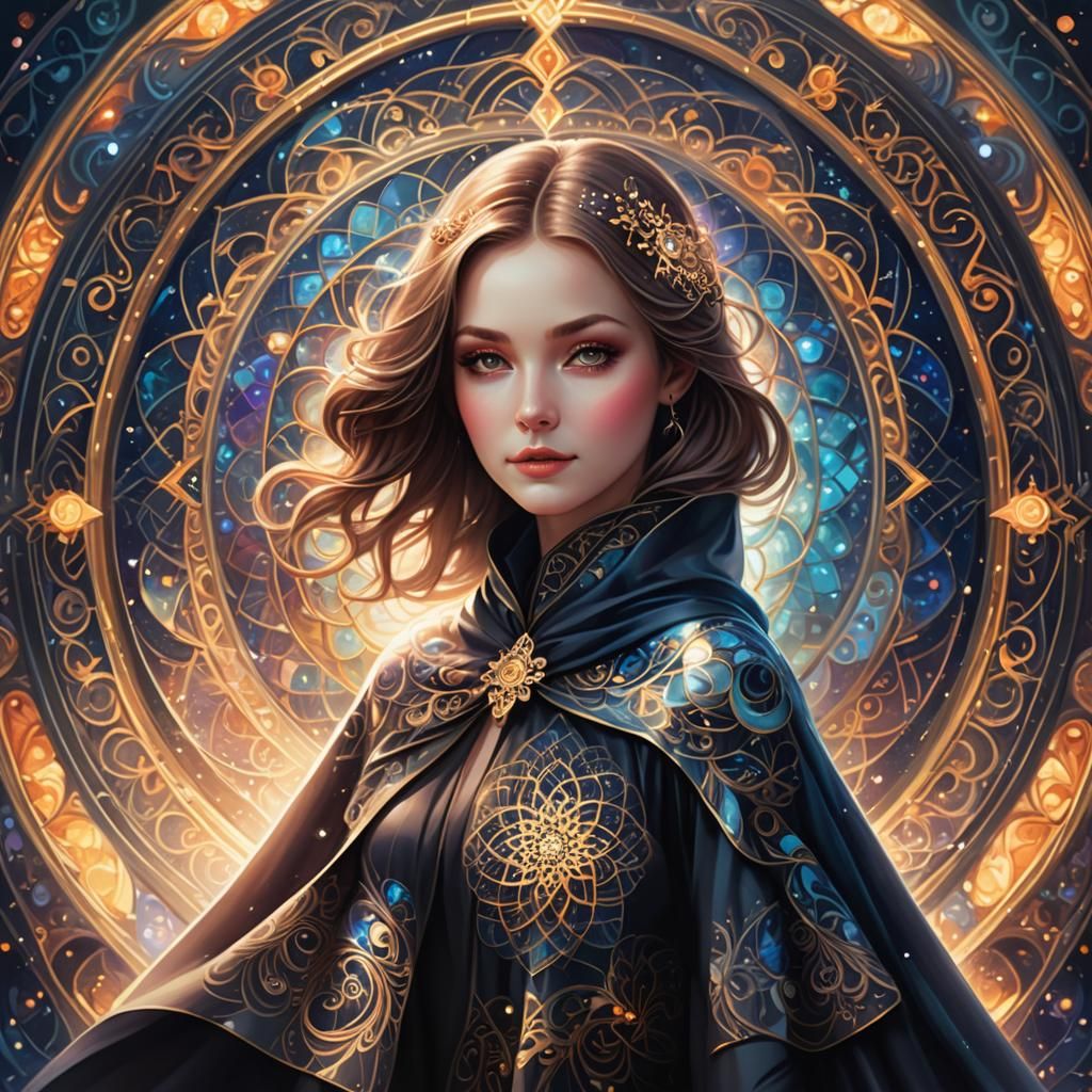 Woman in Mandala Cape Reflecting Light