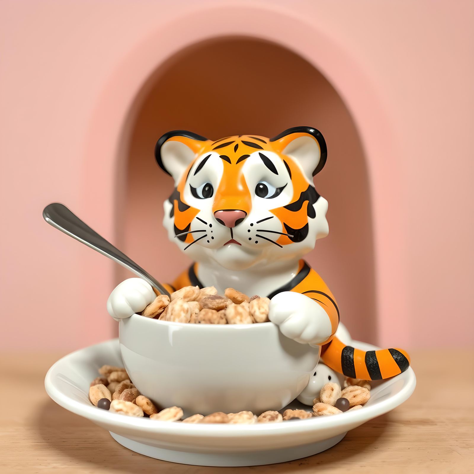 Tiger in Kitchen with Cereal and Pastel Pottery
