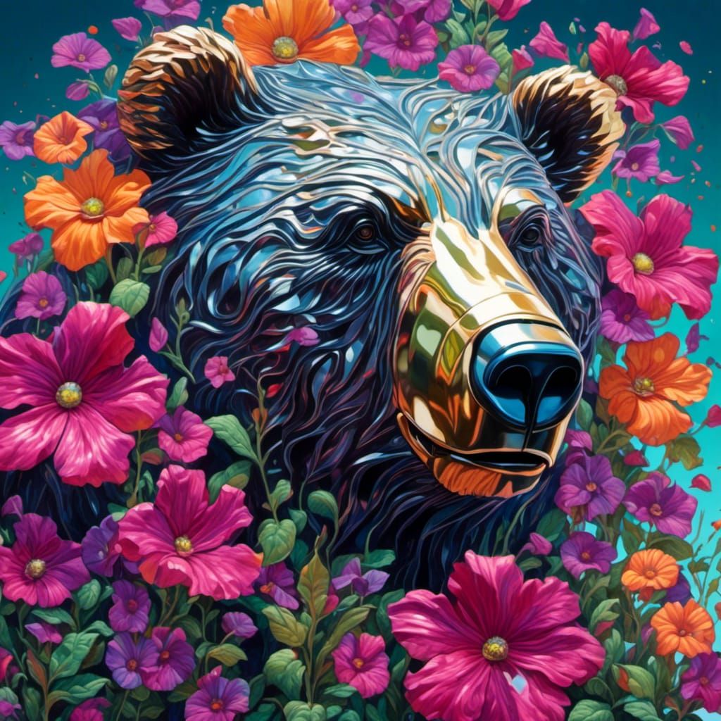 Chrome Robot Bear in Oil Slick Flowers
